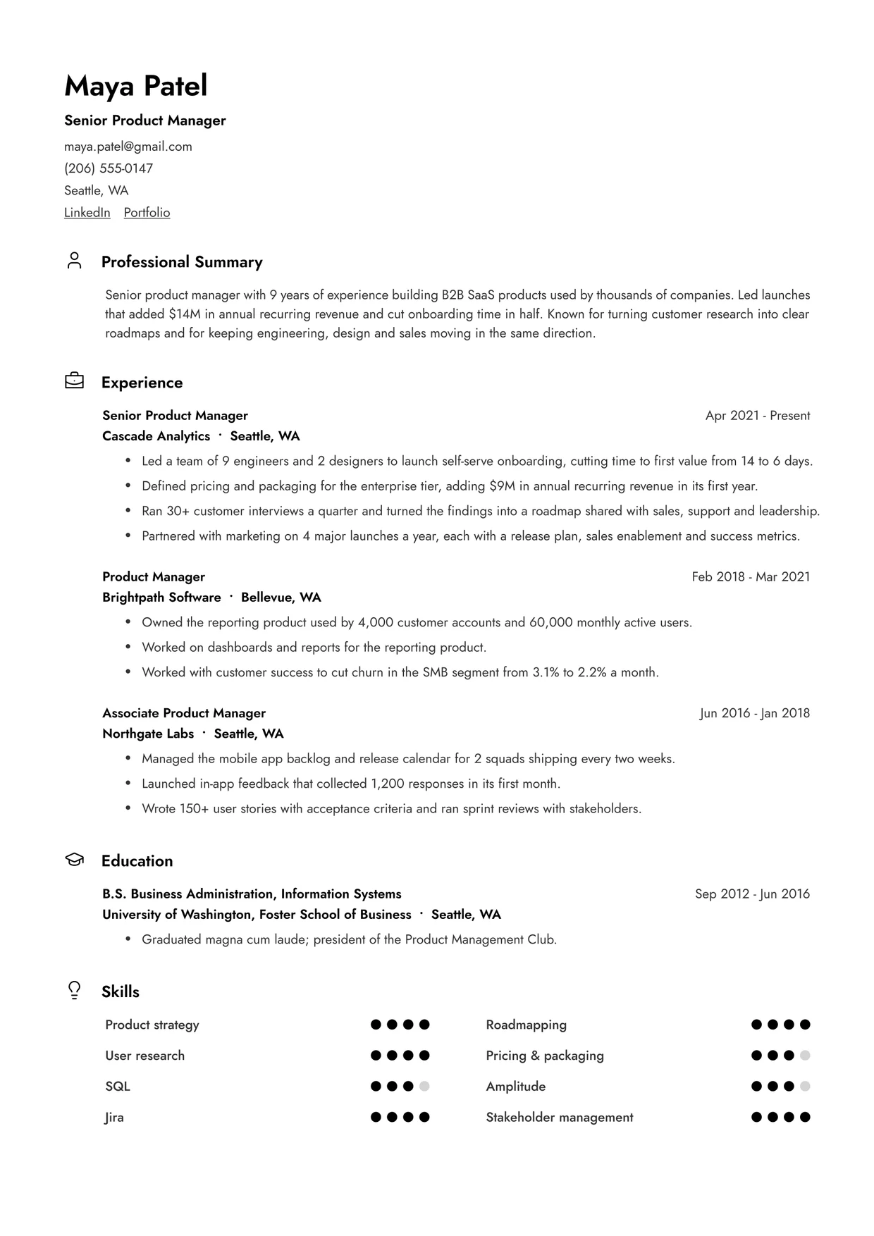 Maya Patel's resume in the Clean template, with the sections the ATS read, the job keywords it found and a bullet to fix highlighted