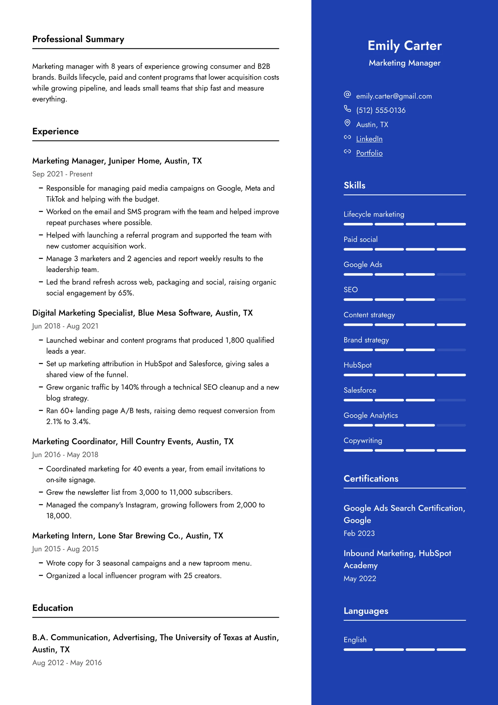Emily Carter's resume in the Vertex template: the AI assistant rewrites three vague bullets with results and numbers