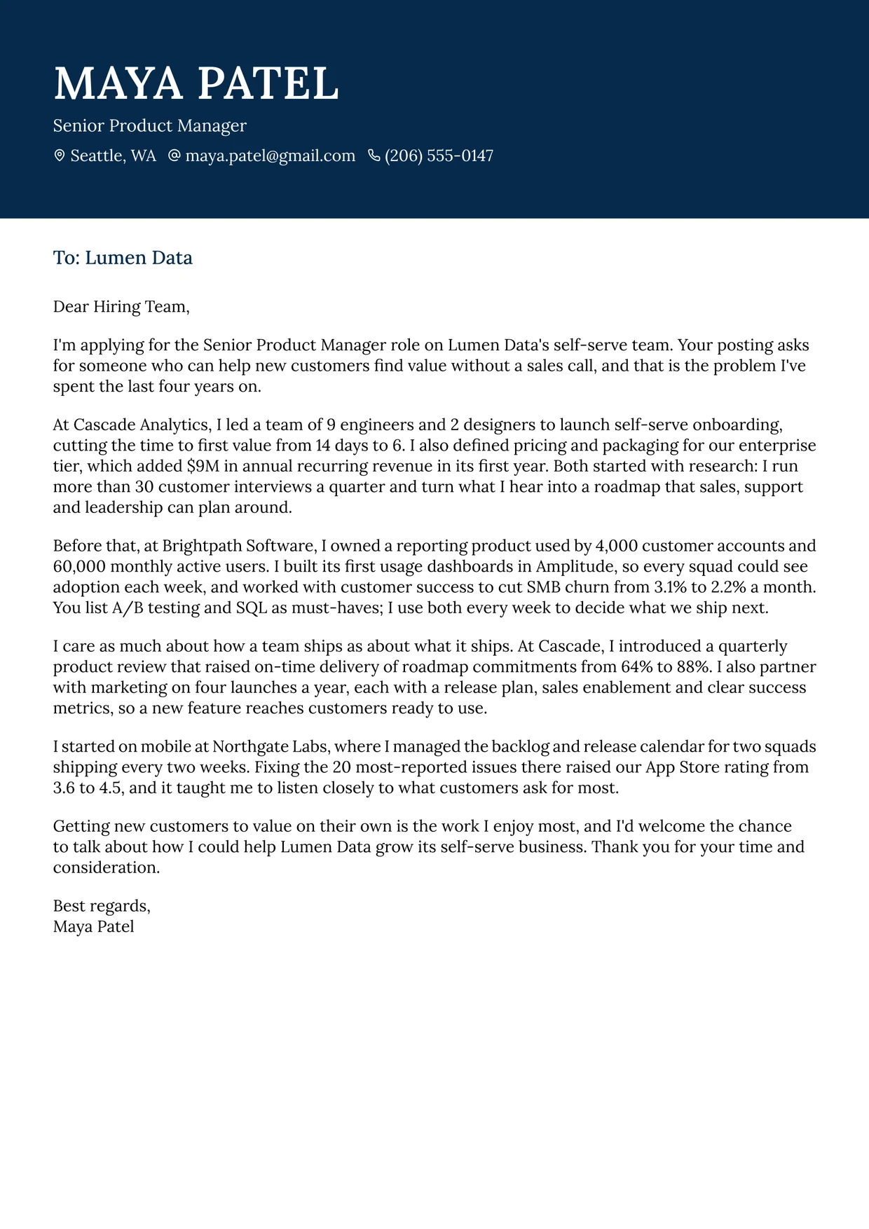 Maya Patel's cover letter for a Senior Product Manager role at Lumen Data, with its four parts marked
