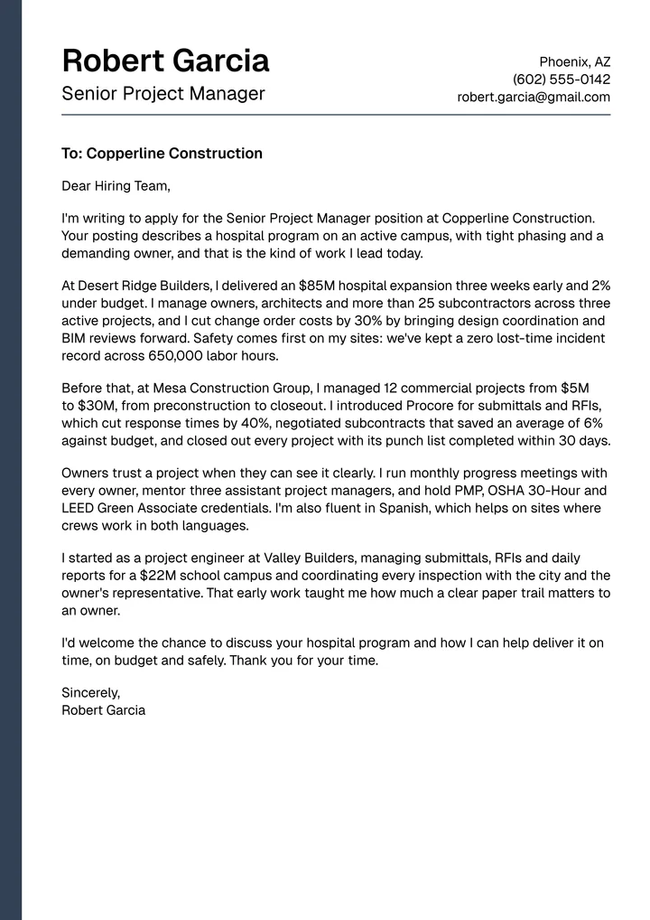 Robert Garcia's cover letter for Copperline Construction, in the same design