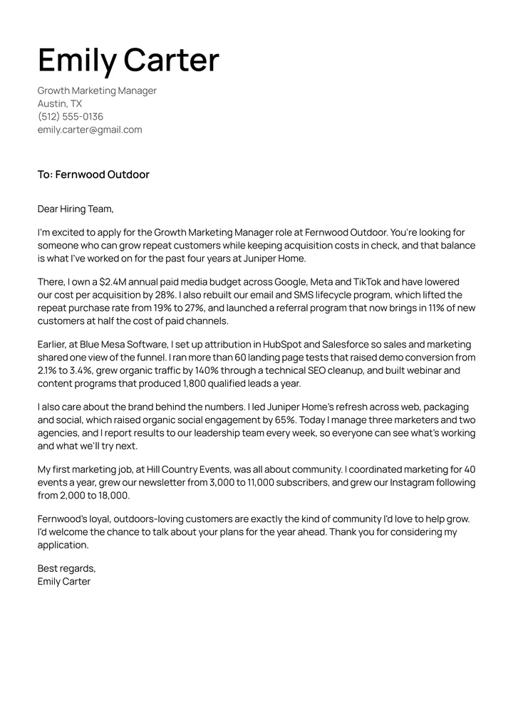 Emily Carter's cover letter for Fernwood Outdoor, in the same design
