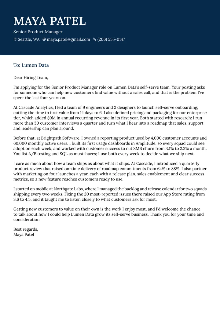 Maya Patel's cover letter for Lumen Data, in the same design