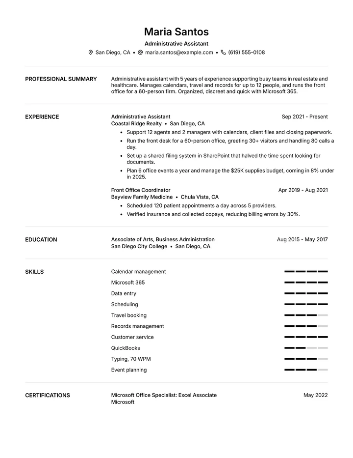 Resume example for an administrative assistant