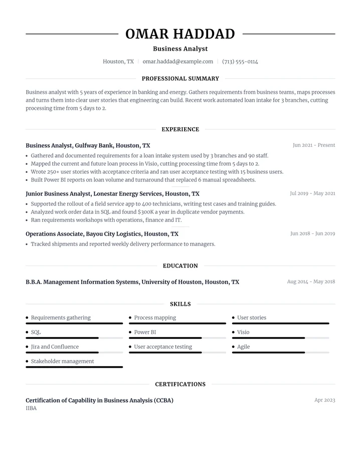 Resume example for a business analyst