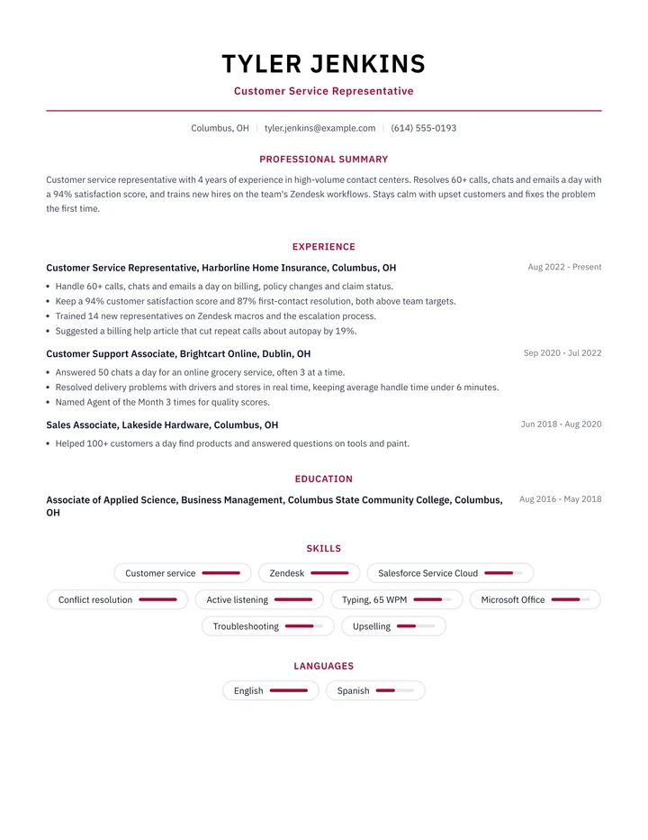 Resume example for a customer service representative