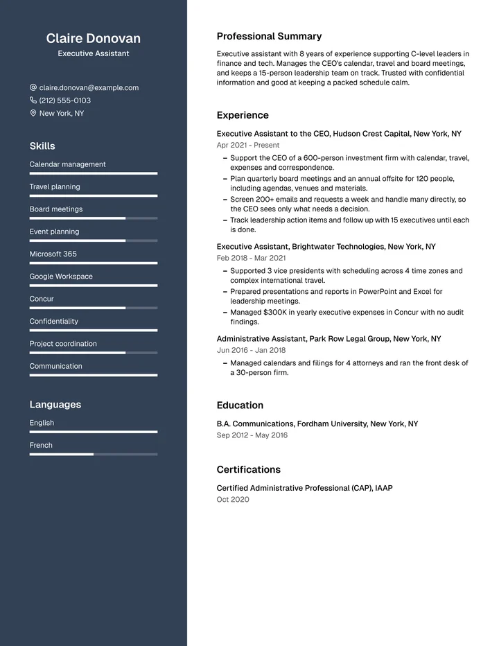 Resume example for an executive assistant