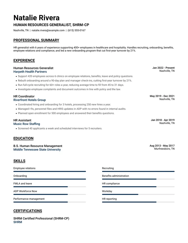 Resume example for a human resources generalist