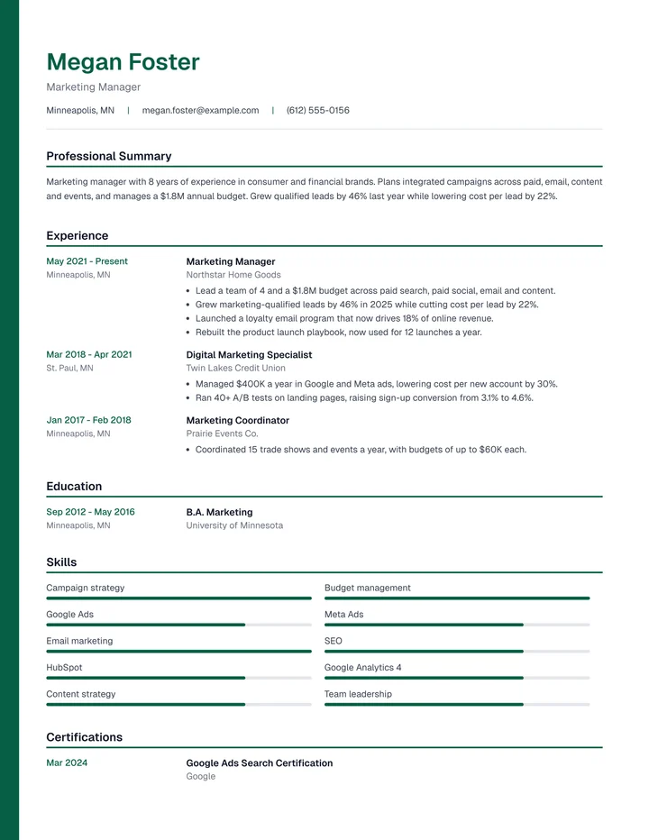 Resume example for a marketing manager