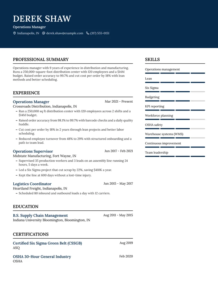 Resume example for an operations manager