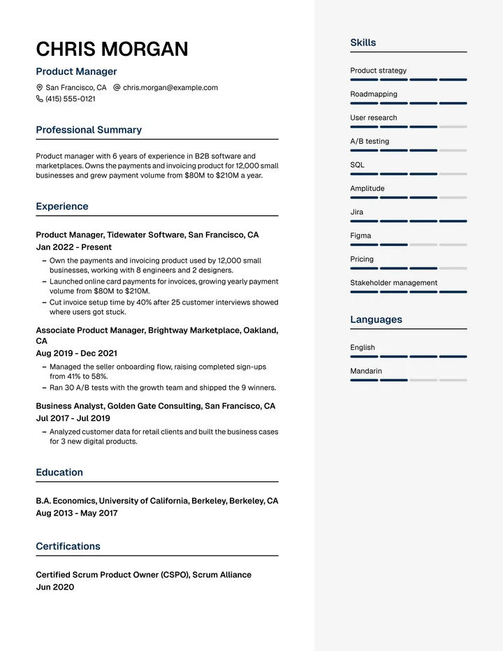 Resume example for a product manager