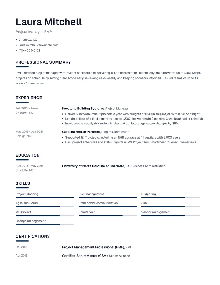 Resume example for a project manager