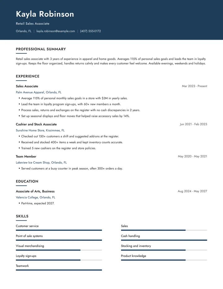 Resume example for a retail sales associate