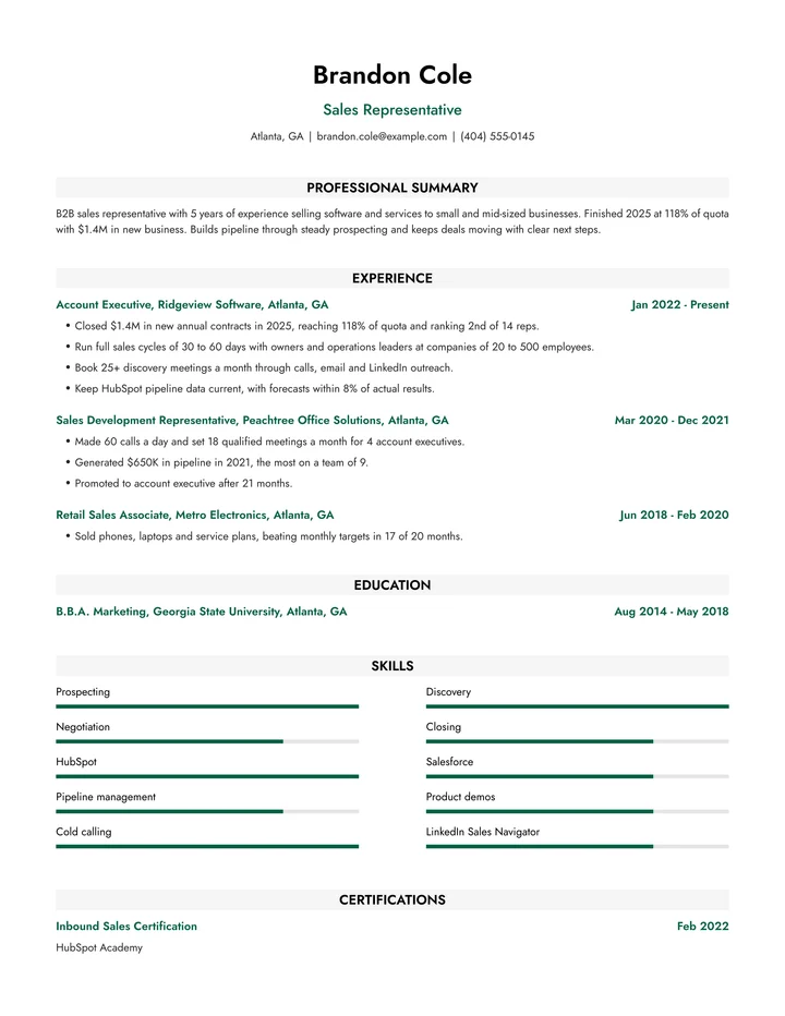 Resume example for a sales representative