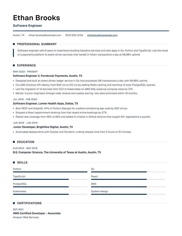 Resume example for a software engineer