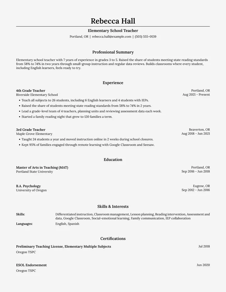 Resume example for a teacher