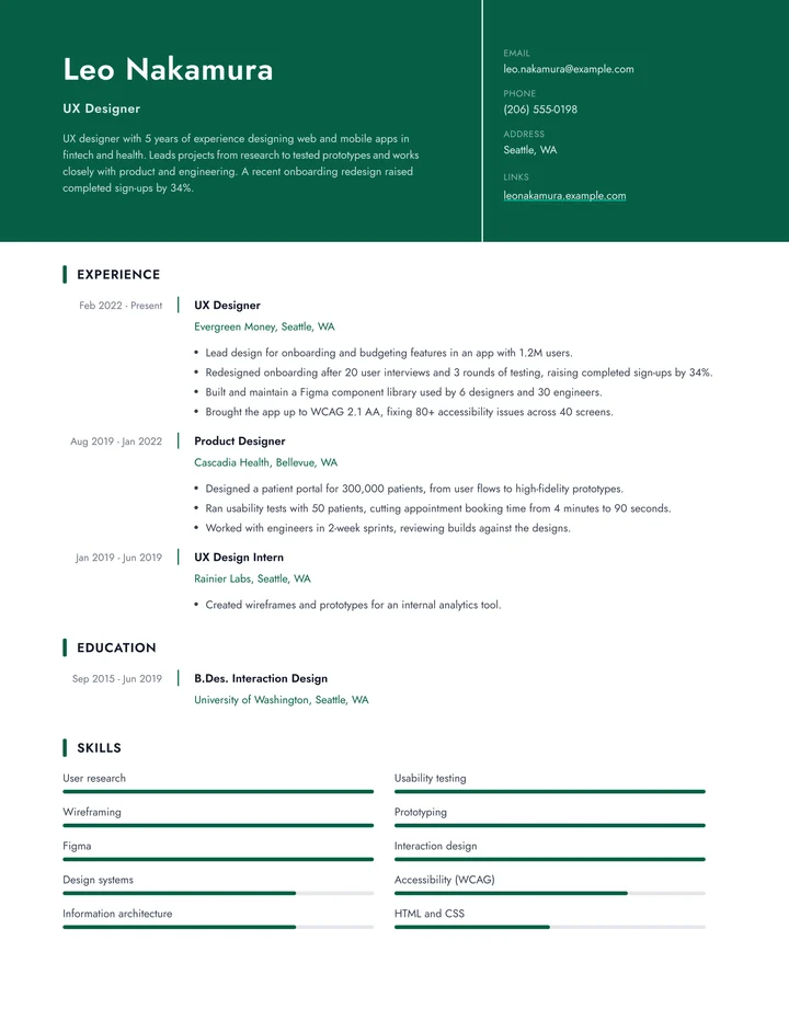 Resume example for a UX designer