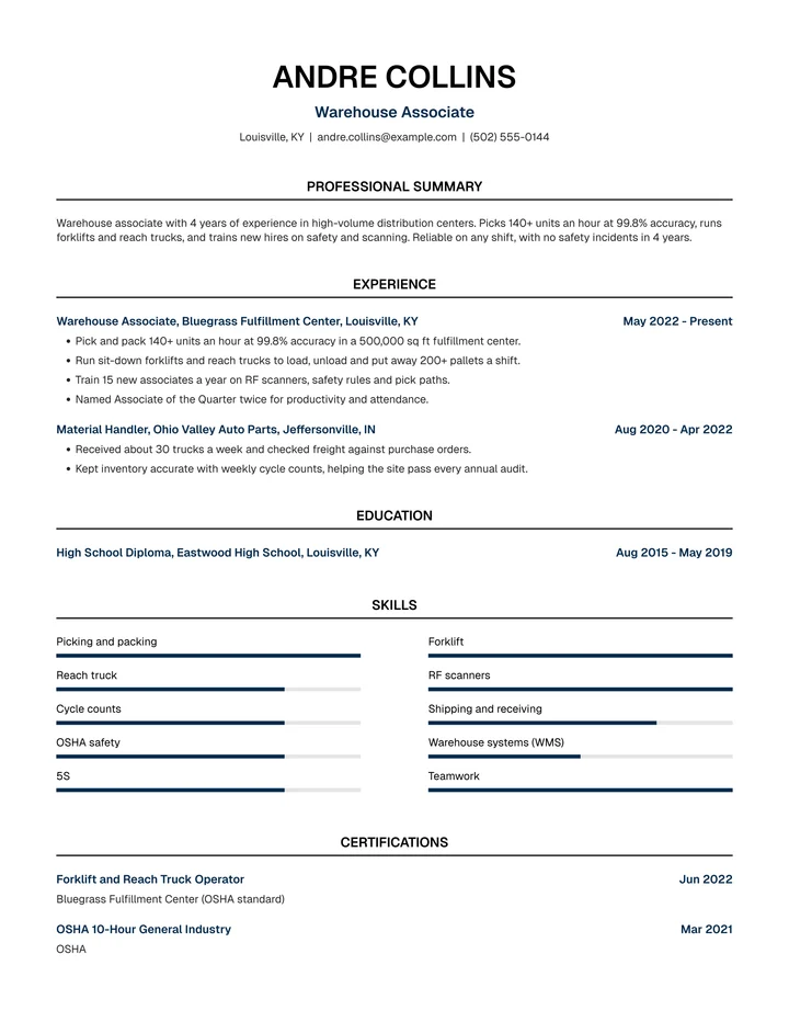 Resume example for a warehouse associate