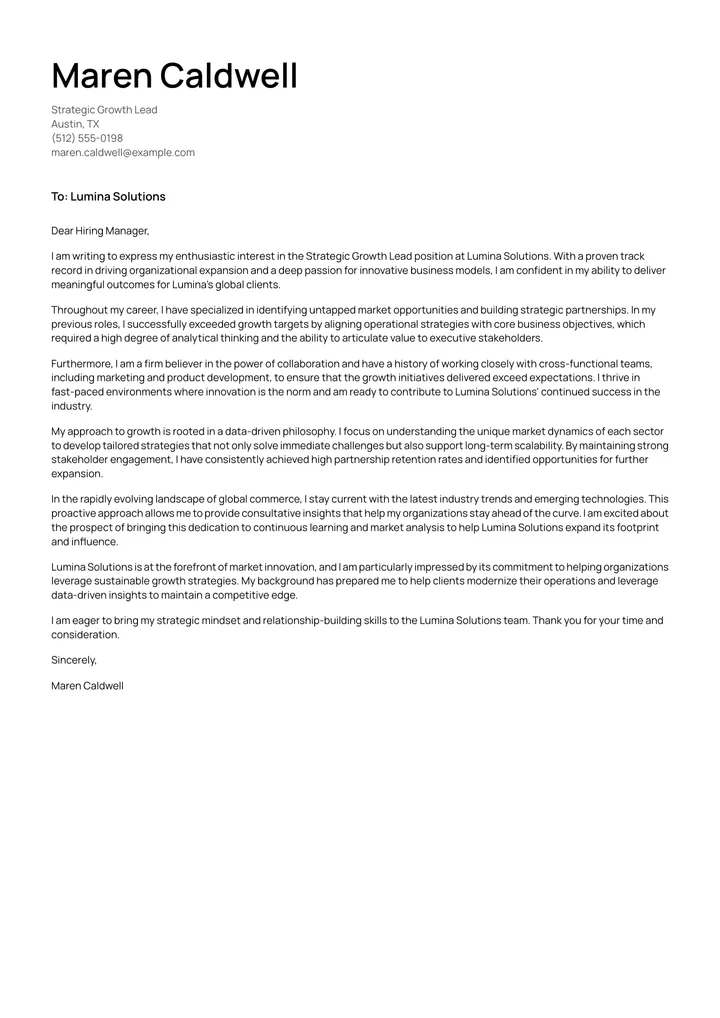 Modern Pro cover letter template, filled in